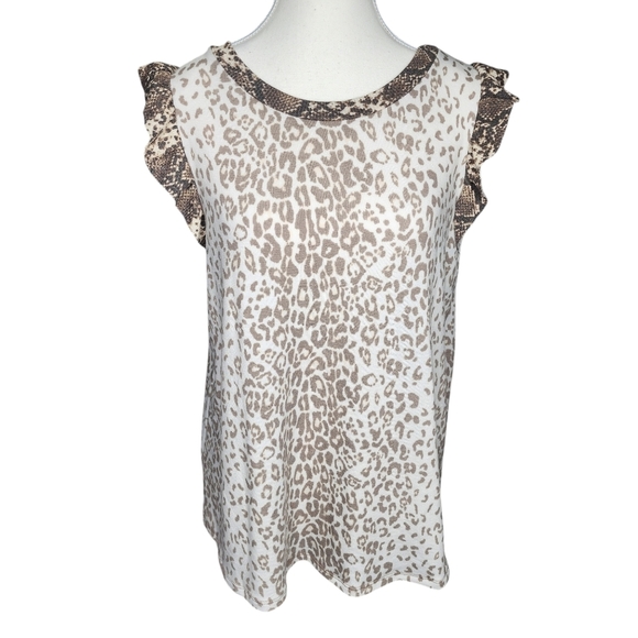 NWOT Ces Femme Leopard Animal Print Ruffled Sleeve Top - Picture 1 of 6